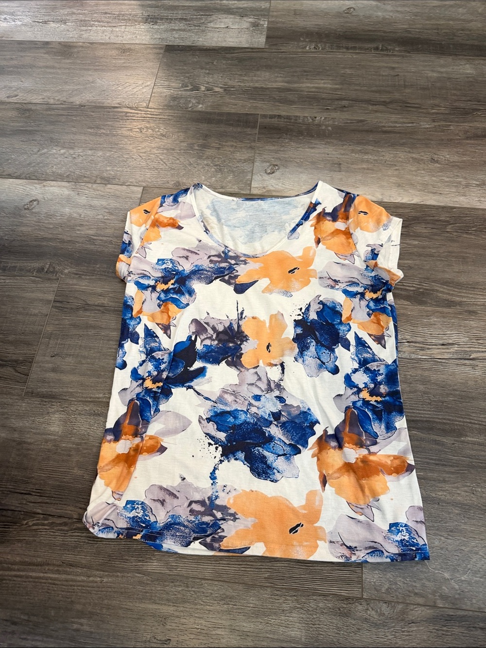 Floral Short-Sleeve Tee in White with Blue & Orange Bloom